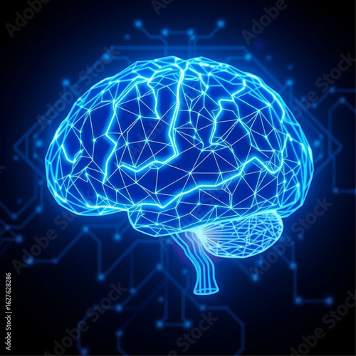 Conceptual illustration of artificial intelligence and deep learning with a glowing digital brain made of circuitry. Ideal for tech, medical AI, machine learning, and innovation concepts.