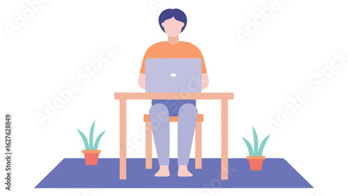 Person sitting at a desk using a laptop with plants on a blue rug in a minimalist style illustration
