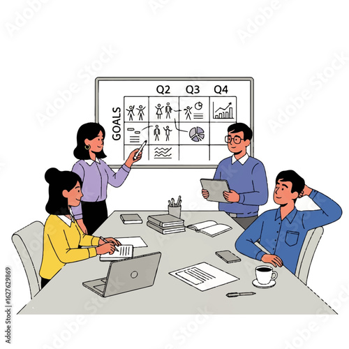 Business team in a meeting discussing quarterly goals and strategy.