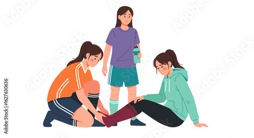 Soccer injury. Team members comforting injured player with ankle pain and water bottle