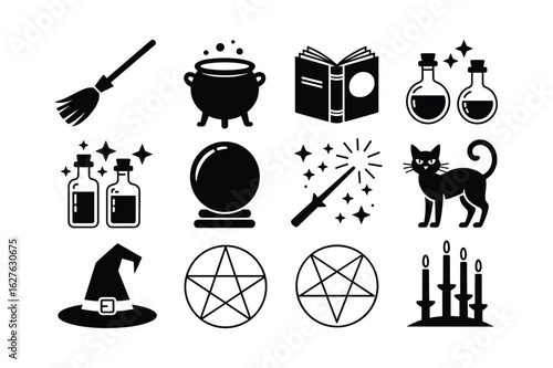 Witchcraft symbols including broom cauldron book potions crystal ball wand black cat hat pentagrams and candles