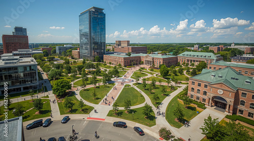 An aerial view of a modern university campus on a bright sunny day, showcasing a mix of contemporary and traditional architecture, lush green spaces, and walking paths.