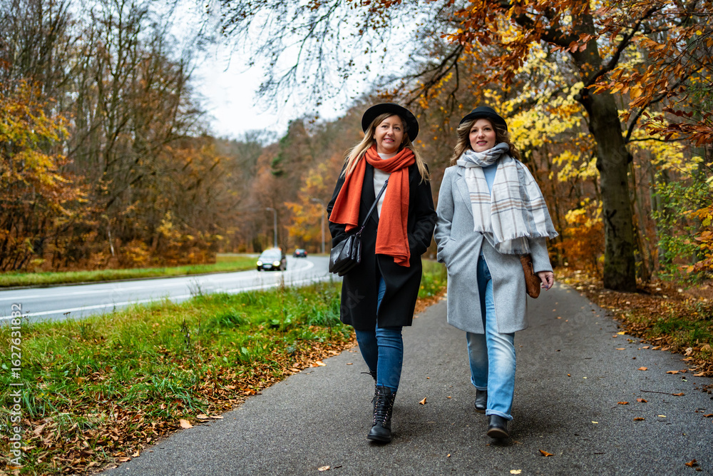Fototapeta premium Two beautiful middle-aged women on autumn walk. Front view