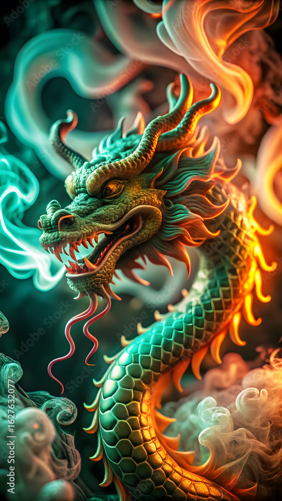 Fototapeta premium Fantasy Chinese Dragon Illustration, Mythical Creature Art, Fiery Dragon with Smoke, 3D Rendered Dragon Design, Oriental Legendary Beast Poster