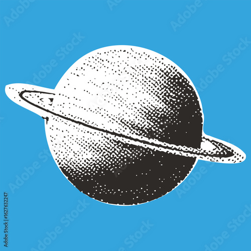 Planet with ring shown in halftone monochrome style. Vintage science vector illustration.