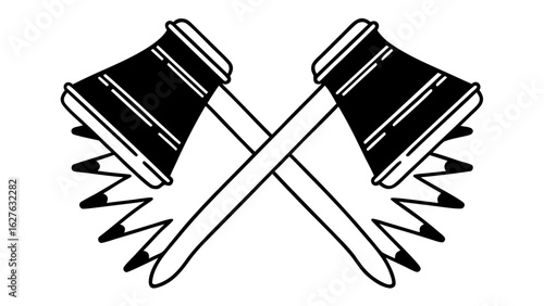 Illustration of two crossed tomahawks with black heads and white handles with feather details