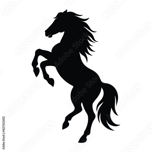 Black silhouette of a rearing horse with flowing mane and tail white background