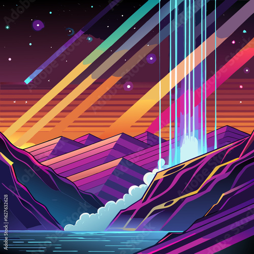 Vibrant neon waterfall cascades down purple mountains under a starry cosmic sky