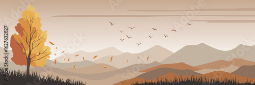Autumn stylized landscape, minimalistic landscape, vector illustration, panoramic view