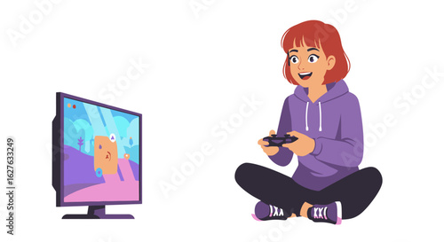 Enthusiastic gamer girl enjoying a video game in her home with a modern TV display