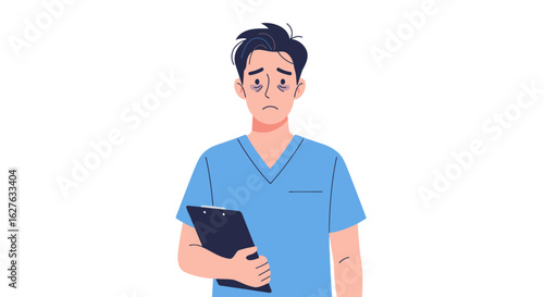 Exhausted medical professional with dark circles holding clipboard, healthcare burnout