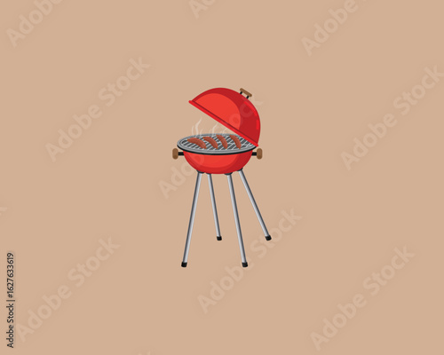 Red charcoal barbecue grill with an open lid, grilling sausages on top