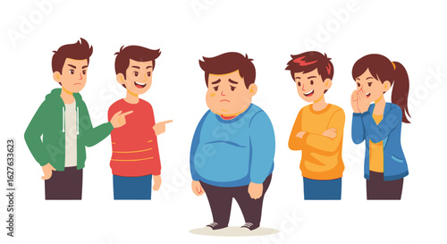 Bullying concept, sad boy being mocked by classmates, concept of body shaming
