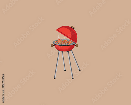 Red charcoal barbecue grill with open lid, cooking shrimp and vegetable skewers on top