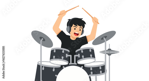 Energetic drummer playing drums with headphones, creating music with passion and joy