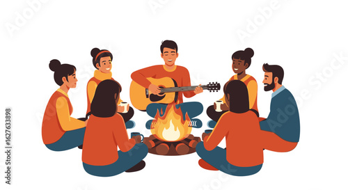 Friends enjoying campfire with guitar, singing, and mugs, creating a cozy atmosphere