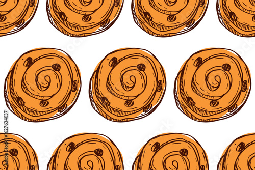 Seamless pattern of Round puff pastry with raisins sketch, Swirled pastry raisins. Puff pastry sweet bakery vector. Repeated freehand drawing background for wallpaper, wrapping, packing, scrapbooking