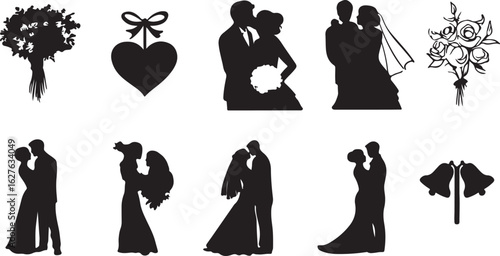 Vector silhouettes of women and people in various poses including fashion, shopping, walking, and dancing with black outline style illustration.