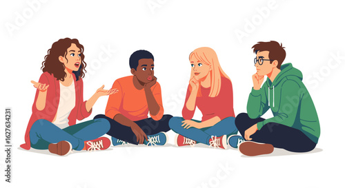 Diverse group of friends engaged in conversation, collaborating, and brainstorming ideas