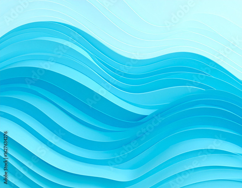Serene abstract background featuring multiple layers of flowing cyan and light blue waves. Creates a sense of depth, movement, and tranquility. Ideal for digital art, presentations, and contemporary d