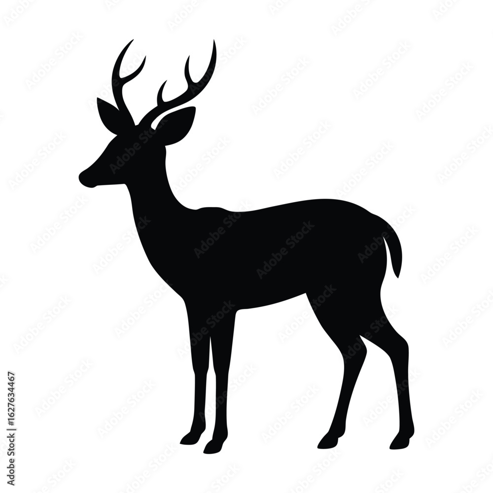 Fototapeta premium Black silhouette of a stag with antlers on a white background deer