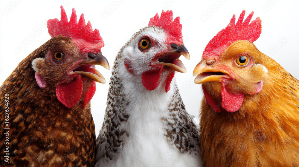 Fototapeta premium Funny closeup of three colorful chickens with open beaks