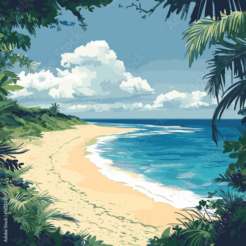 Beautiful Tropical Beach with Crystal Clear Turquoise Water, Sandy Shore, and Distant Islands Landscape, vector style simple color