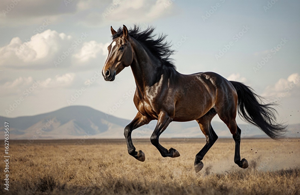Fototapeta premium A majestic horse galloping across open plains under a cloudy sky