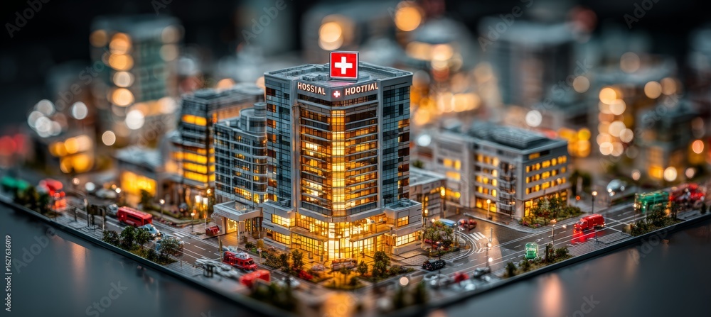 Fototapeta premium Hospital miniature buildings. Generative AI technology.
