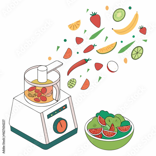 Food processor blending fruits and vegetables into a healthy salad isolated on white background