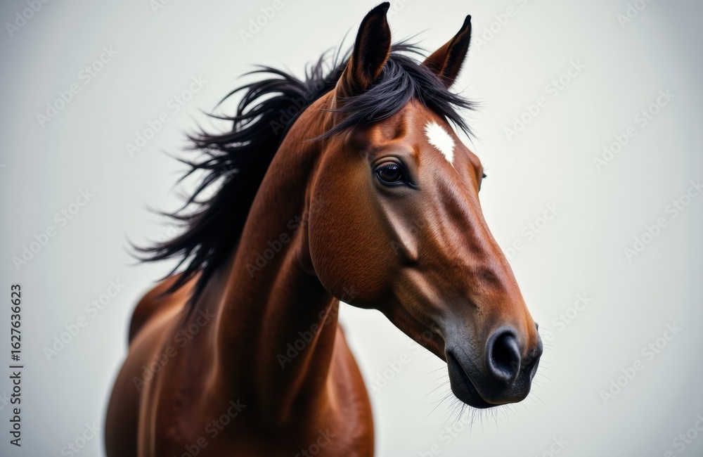 Fototapeta premium Close-up of a brown horse with a white star on its forehead looking to the side