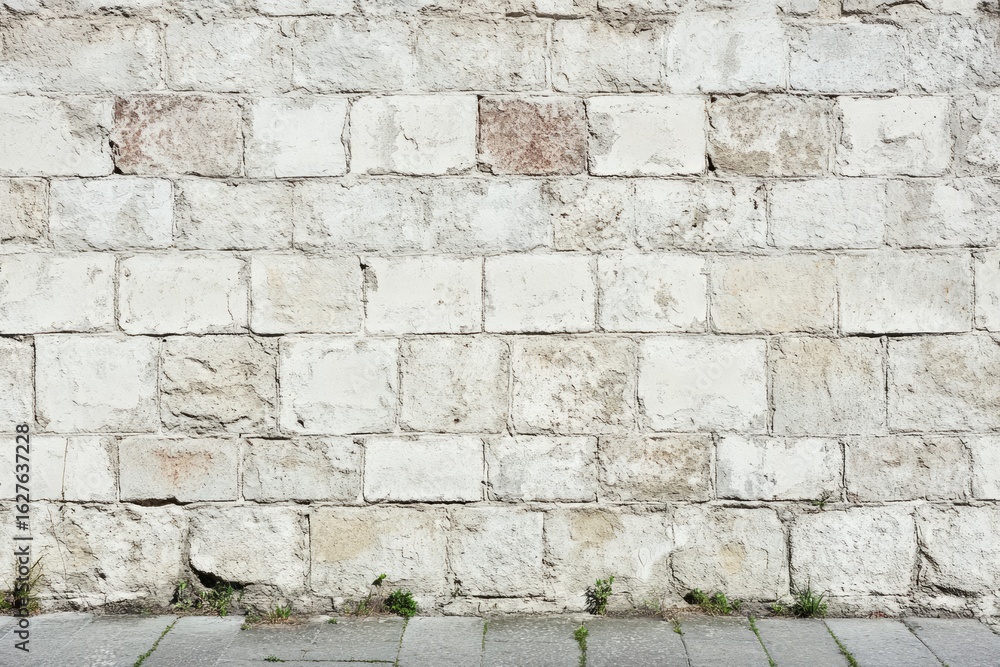 Fototapeta premium Weathered stone wall with sidewalk at base. AI generated