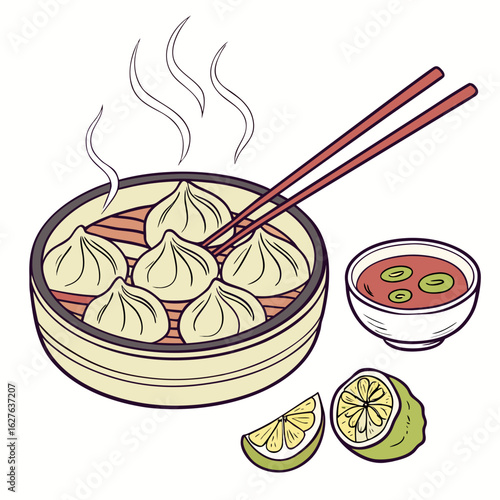 Steaming dim sum dumplings in bamboo steamer with chopsticks and dipping sauce isolated on white background