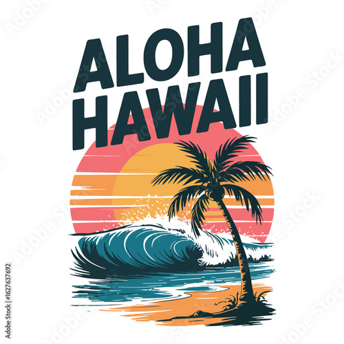 Tropical beach scene with palm trees and sunset and “Aloha Hawaii” text, vector illustration design.