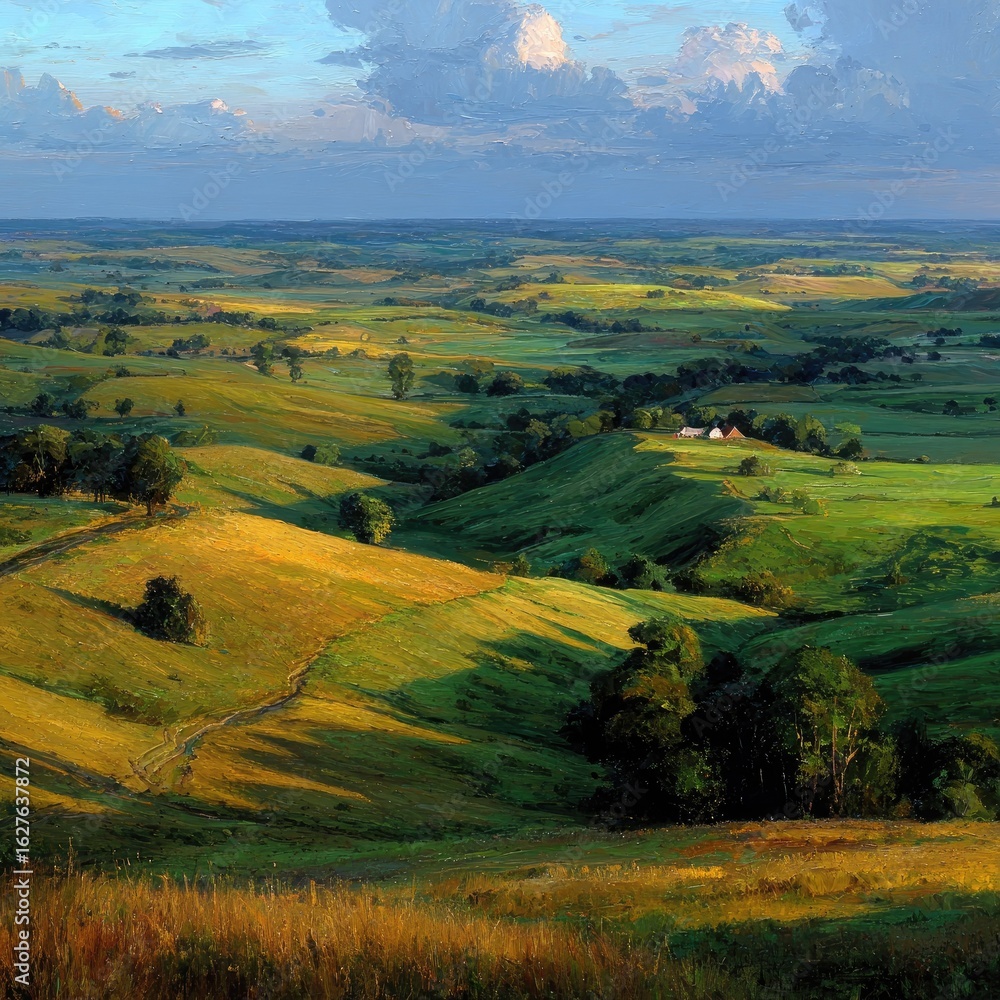 Obraz premium Rolling hills, sunlit fields, and distant farm