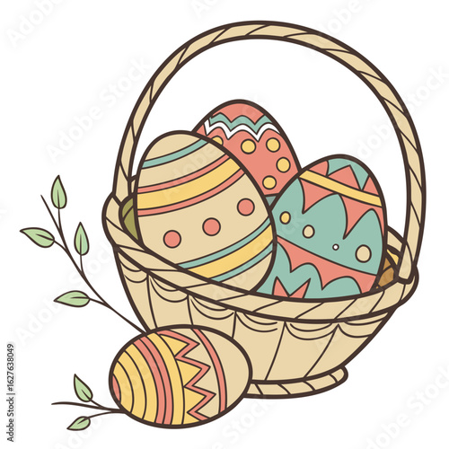 Colorful easter eggs in a wicker basket with spring branches isolated on white background