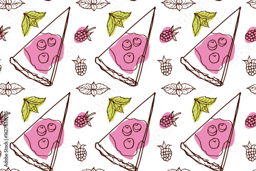 Seamless pattern with Berry cheesecake with topping and berries and mint leaf. Traditional bread outline in doodle style. Fresh food snack. Repeated background for wallpaper, wrapping, scrapbooking.