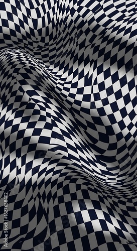 Warped checkerboard pattern creating an illusion of depth and movement, abstract background