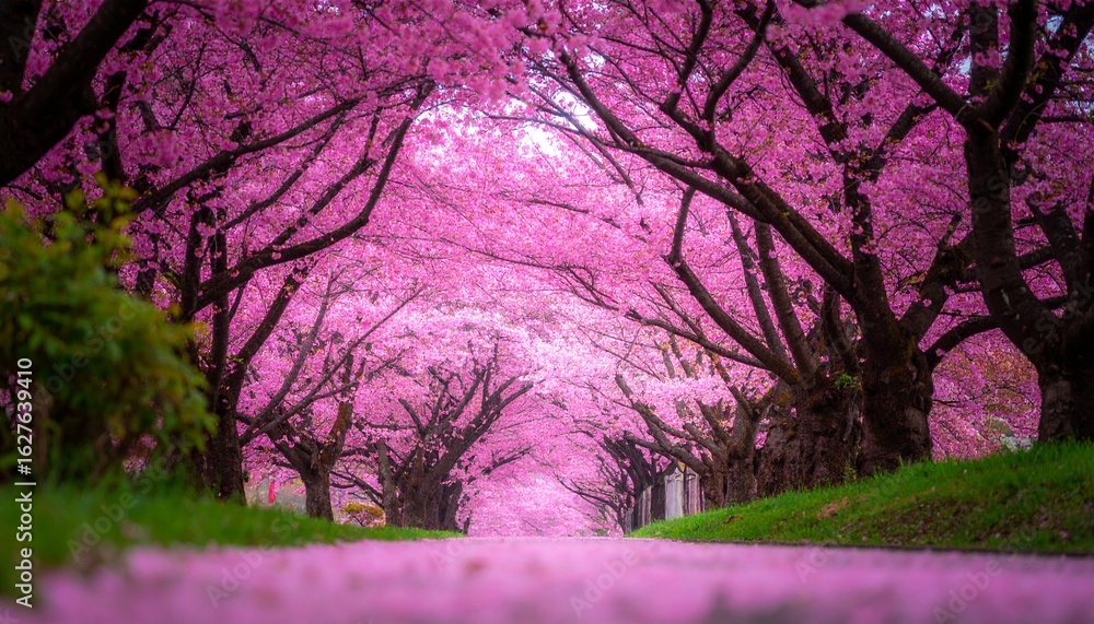 Obraz premium Vibrant anime-style cherry blossom forest, petals drifting in soft wind, vivid pink hues, ultra-detailed, anime foto