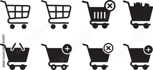 Eight black shopping cart icons with symbols for add remove and cancel on white background trolley basket