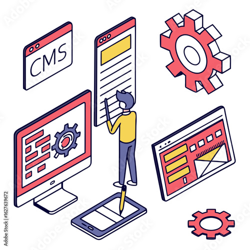 Person working on cms and web development with isometric technology elements isolated on white background