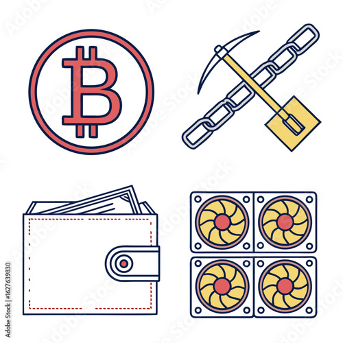 Bitcoin mining and cryptocurrency wallet icons isolated on white background