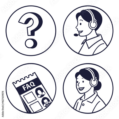 Customer support icons including question mark faq and support agents isolated on white background