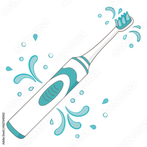 Modern electric toothbrush with water splashes isolated on white background
