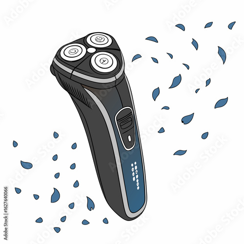 Electric shaver with flying hair clippings isolated on white background