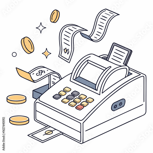 Cash register with coins and receipts isolated on white background