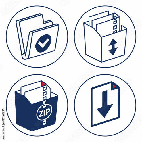 Four circular icons representing document management and file operations isolated on white background