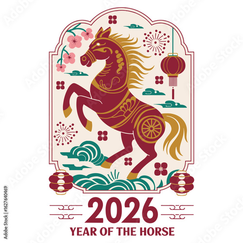Elegant red horse with traditional Chinese motifs for 2026 Lunar Year celebration theme, vector illustration design