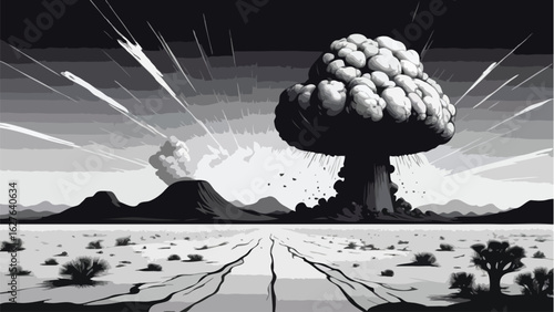 Black and White Silhouette of Atomic Bomb in Desert  for t-shirt design, poster, banner, website, print on International Day Against Nuclear Tests