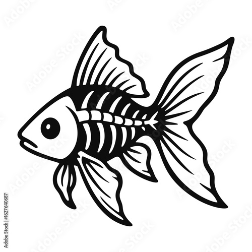 Skeleton fish vector illustration in black and white hand drawn style with bones visible and cartoon fins for tattoo or design use